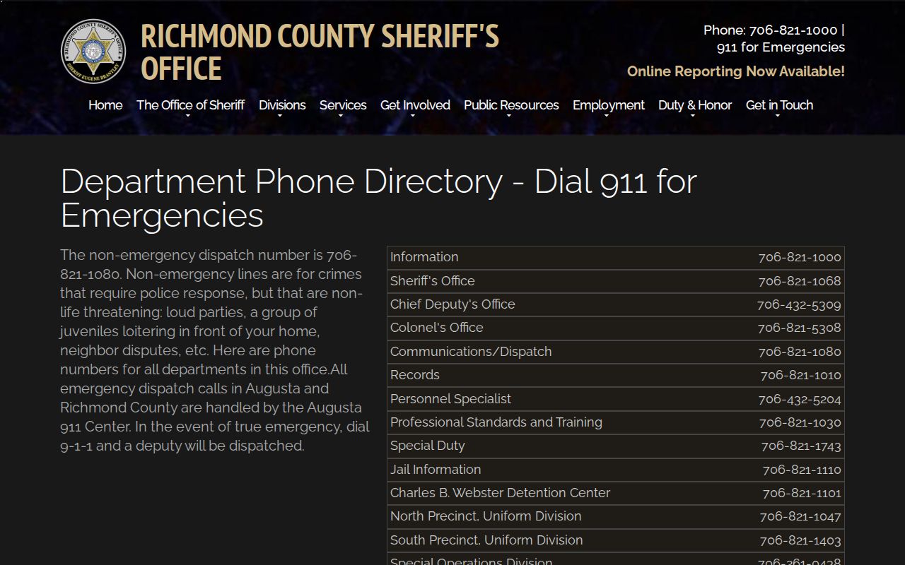 Richmond County Sheriff Office directory with official contact numbers