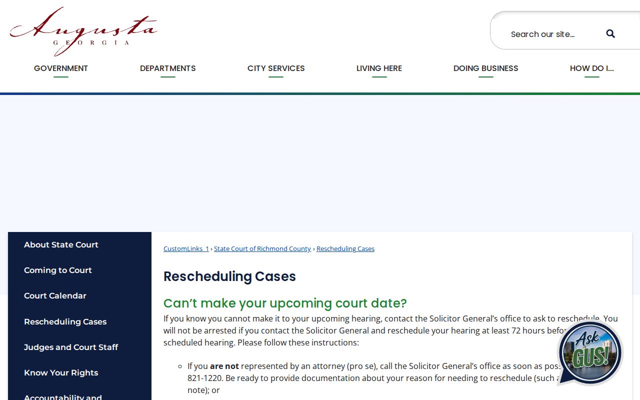 Richmond County State Court 72-hour rescheduling guidance and bench warrant warning