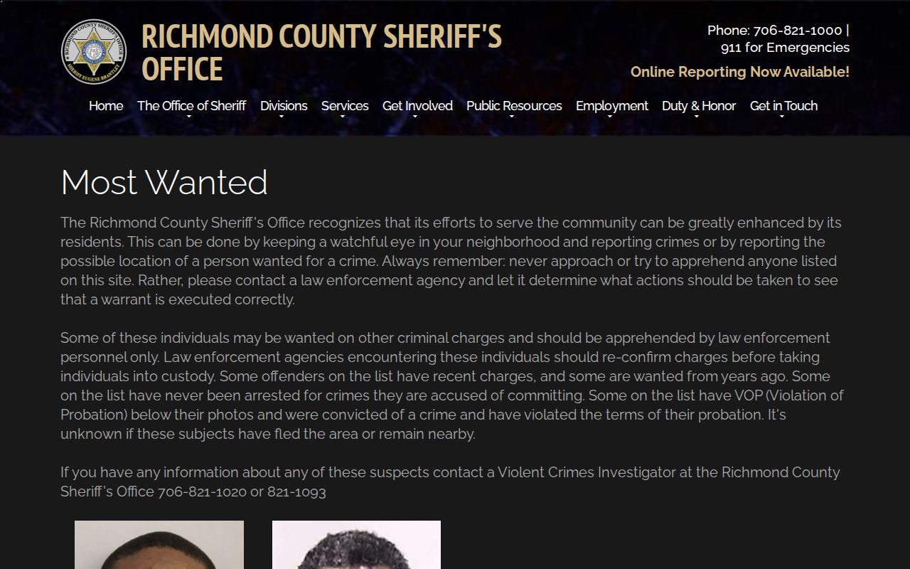 Richmond County Sheriff Most Wanted disclaimer and tip contacts